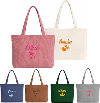 KAINSY Personalized Corduroy Tote Bag for Women, Custom Embroidered Name Pattern Handbag, Mothers Day Custom Shoulder Bag