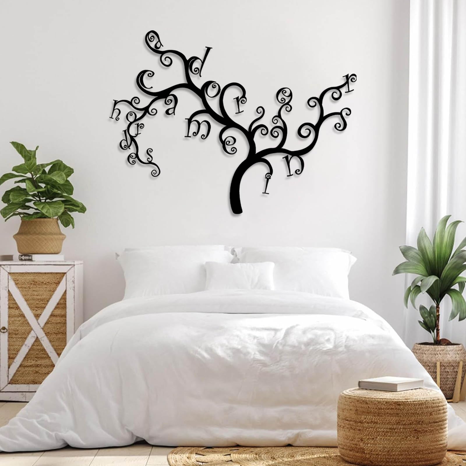 Großes abstraktes Wandbild aus Metall, Lebensbaum-Monogramm-Schild, Buchstabendekoration, Familienkunst, modernes Naturmotiv zum Aufhängen, Wanddekoration für das Wohnzimmer (Silbe
