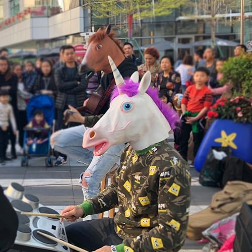 Miniatura 7 de LarpGears Disfraz de Halloween novedoso de lujo máscara de animal de unicornio de látex cabello morado tamaño adulto