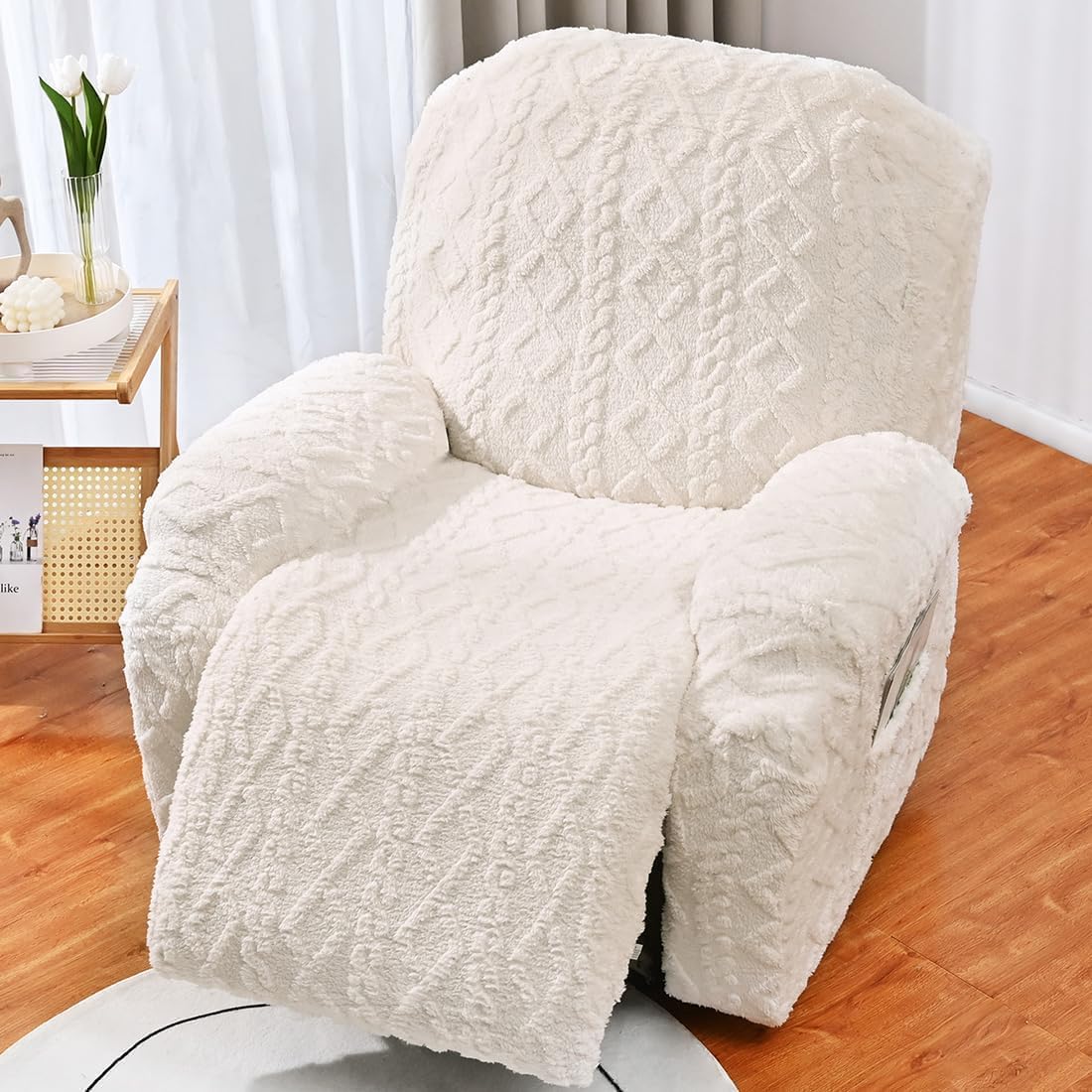 6 Pieces Oversized Recliner Chair Covers Geometric Jacquard Plush Slipcovers Sofa Covers Soft Fuzzy Fluffy Anti-Slip Furniture Protector for Kids Elastic Bottom (Cream, Oversized Recliner Loveseat)