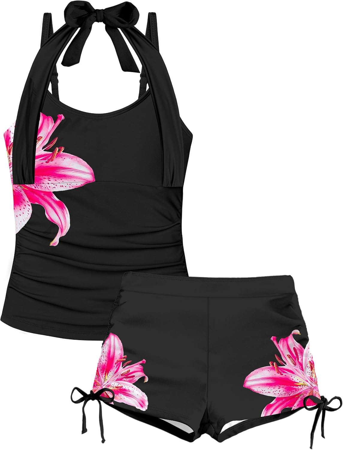 Girls Swimsuit 2 Piece Halterneck Girls Tankini Swimsuit Drawstring Printed Swim Shorts Girl Bathing Suit for 7-18T