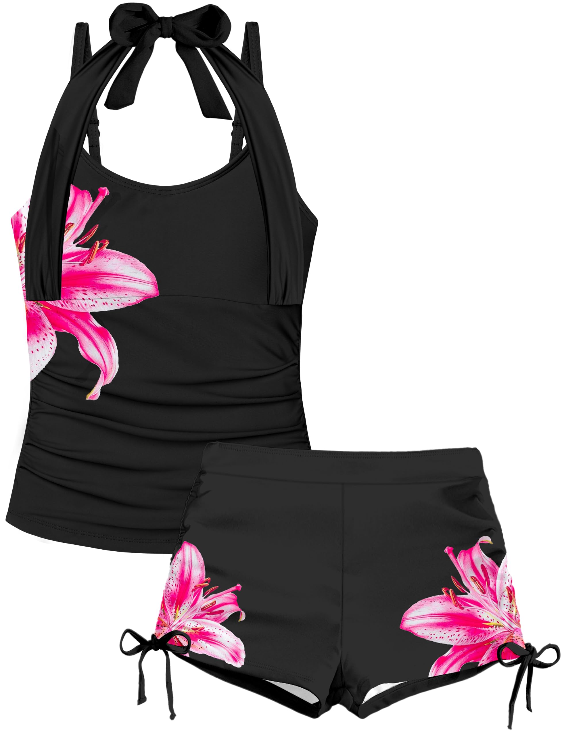 Girls Swimsuit 2 Piece Halterneck Girls Tankini Swimsuit Drawstring Printed Swim Shorts Girl Bathing Suit for 7-18T