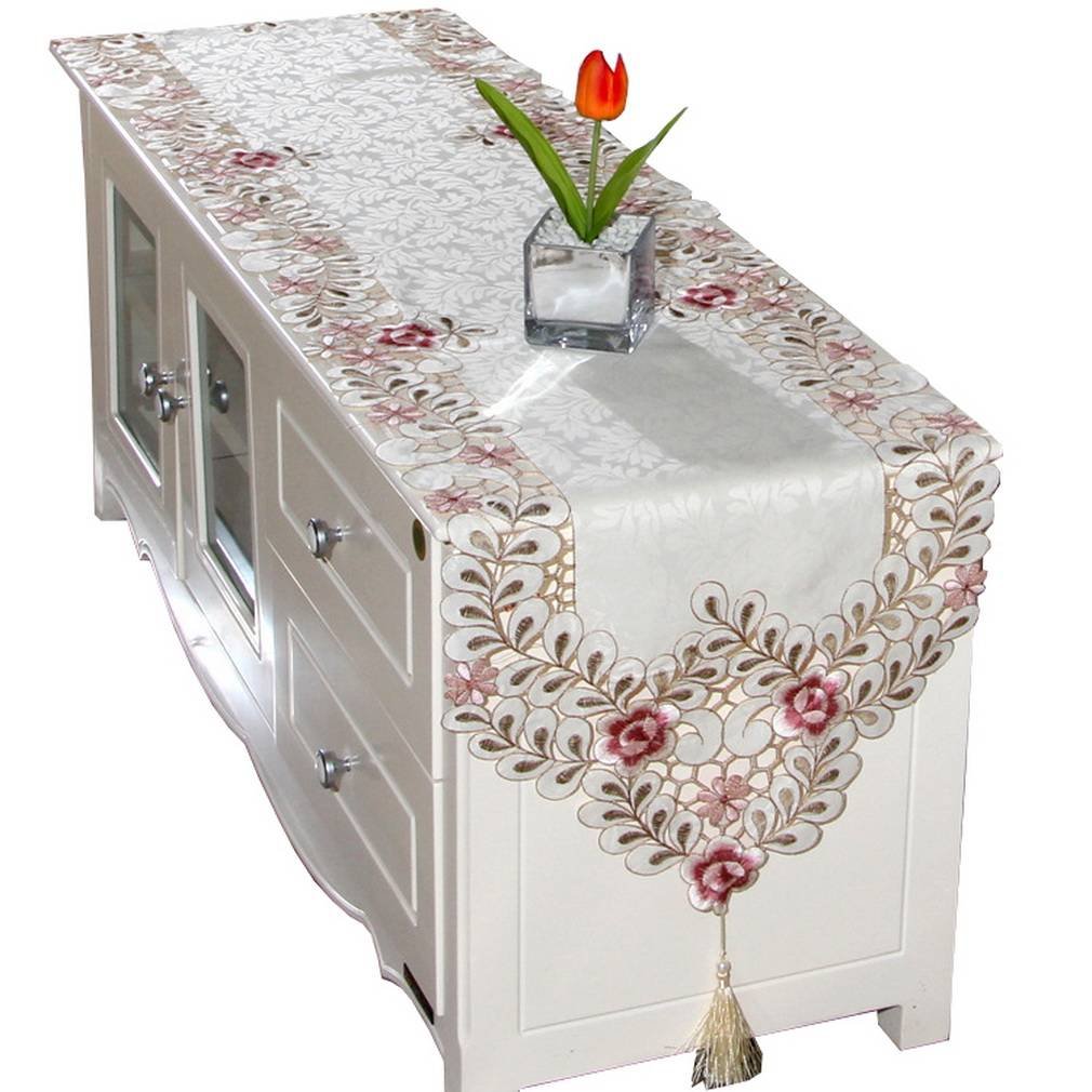 Jixin4you 40x176cm with Fringe Hollow Flower Rural Doilies Dining Table Runner TV Piano Cover Tablecloth Pink
