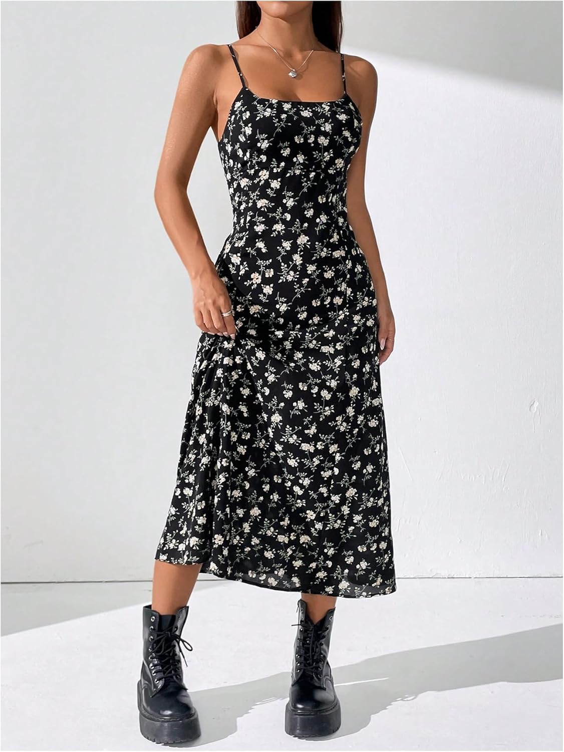 Floerns Women's Summer Spring Vacation Date Night Dresses Floral Backless A Line Cami Dress Spaghetti Strap Midi Sun Dress - Image 5