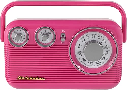Studebaker SB2003 Radio Retro Portátil AM FM Rosa Altavoz Integrado Funciona con Adaptador de CABatería Cable Aux-in (Paquete)