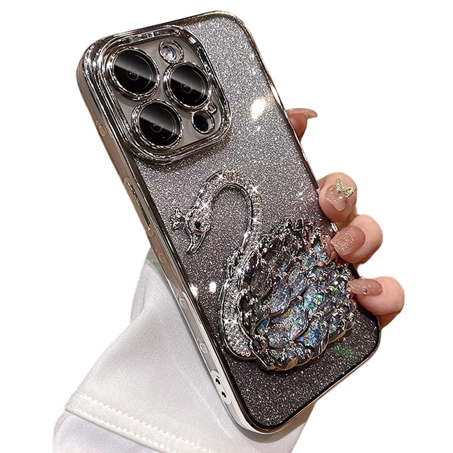 eLzzi Compatible with iPhone 15 Pro Case New Rhinestone Swan Cover Sparkling Moving Glitter Cute Bling with Full Camera Protection Shockproof PC+TPU Glossy Shiny Case for Girls Women- Natural Titanium