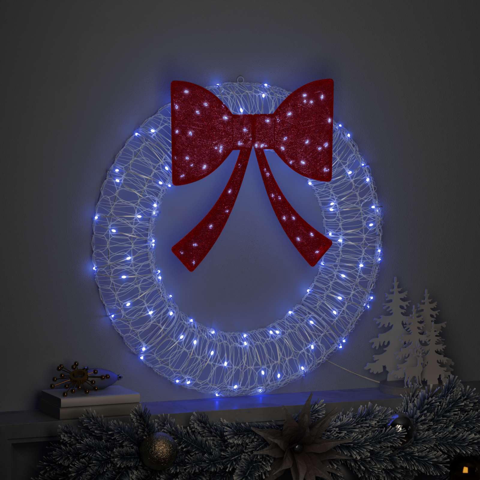 Couronne avec 60 LED bleues en acrylique 76 x 76 x 8,5 cm avec port USB et télécommande, décoration d'arbre de Noël, décoration festive pour salon, fenêtre, Avent et hiver