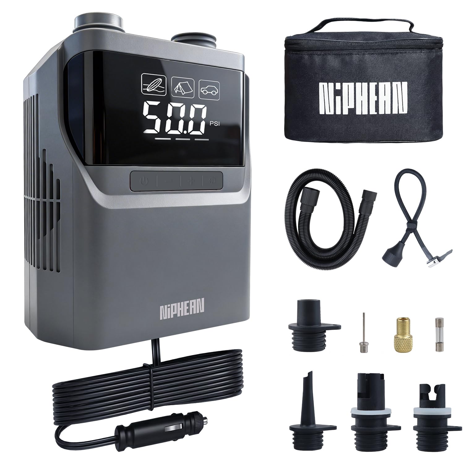Niphean Upgrade Paddle Board Electric Pump 50 PSI Air Pump for Inflatables with Dual Stage Auto-off & Deflation, 12V DC Car Connector Portable SUP Pump for Stand Up Paddle Board, Kayak, Boats, Tent