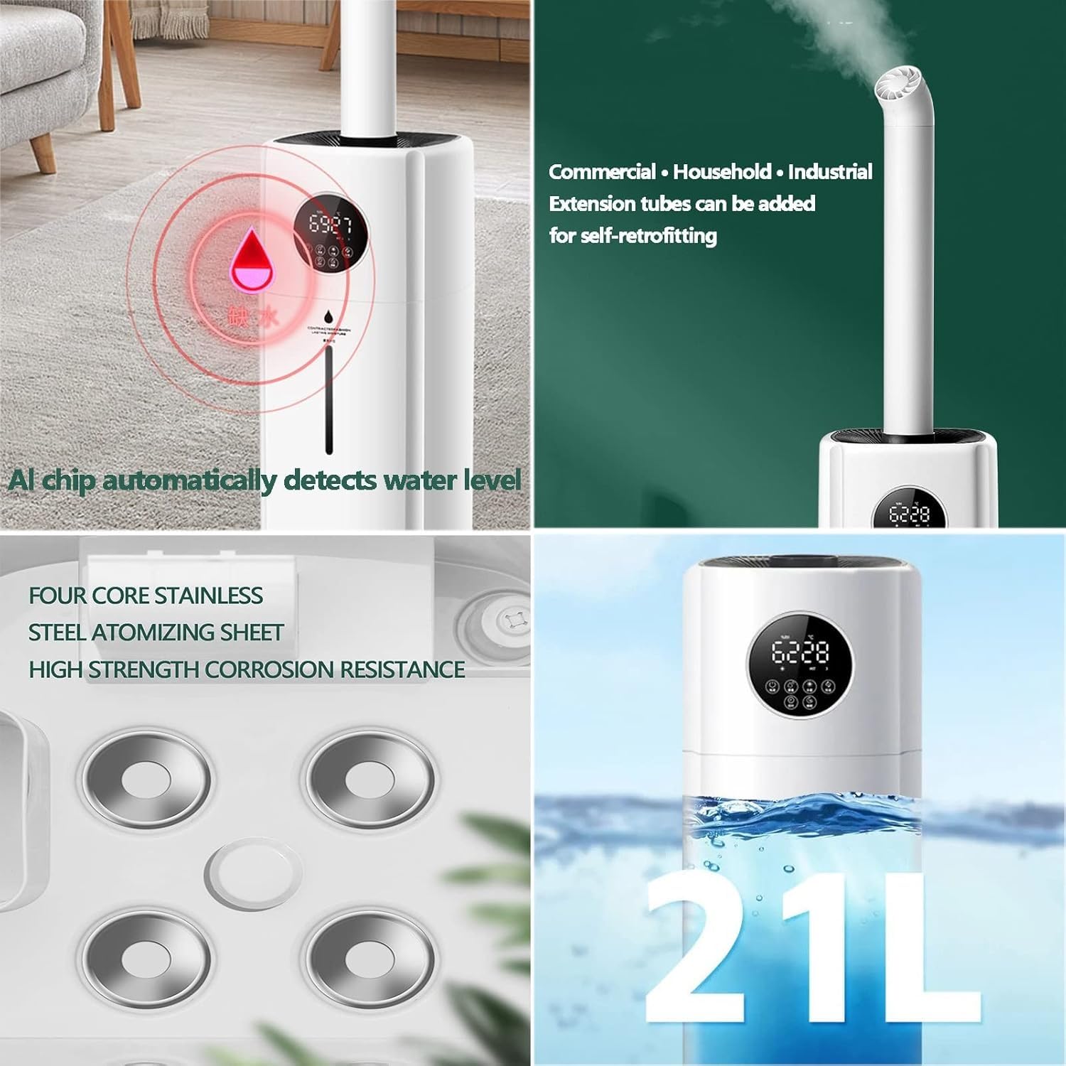 Humidificador industrial - Humidificador de niebla fría de gran capacidad (60-200 m²) con 21 l de capacidad para talleres, almacenes, invernaderos y almacenamiento de tabaco y verduras
