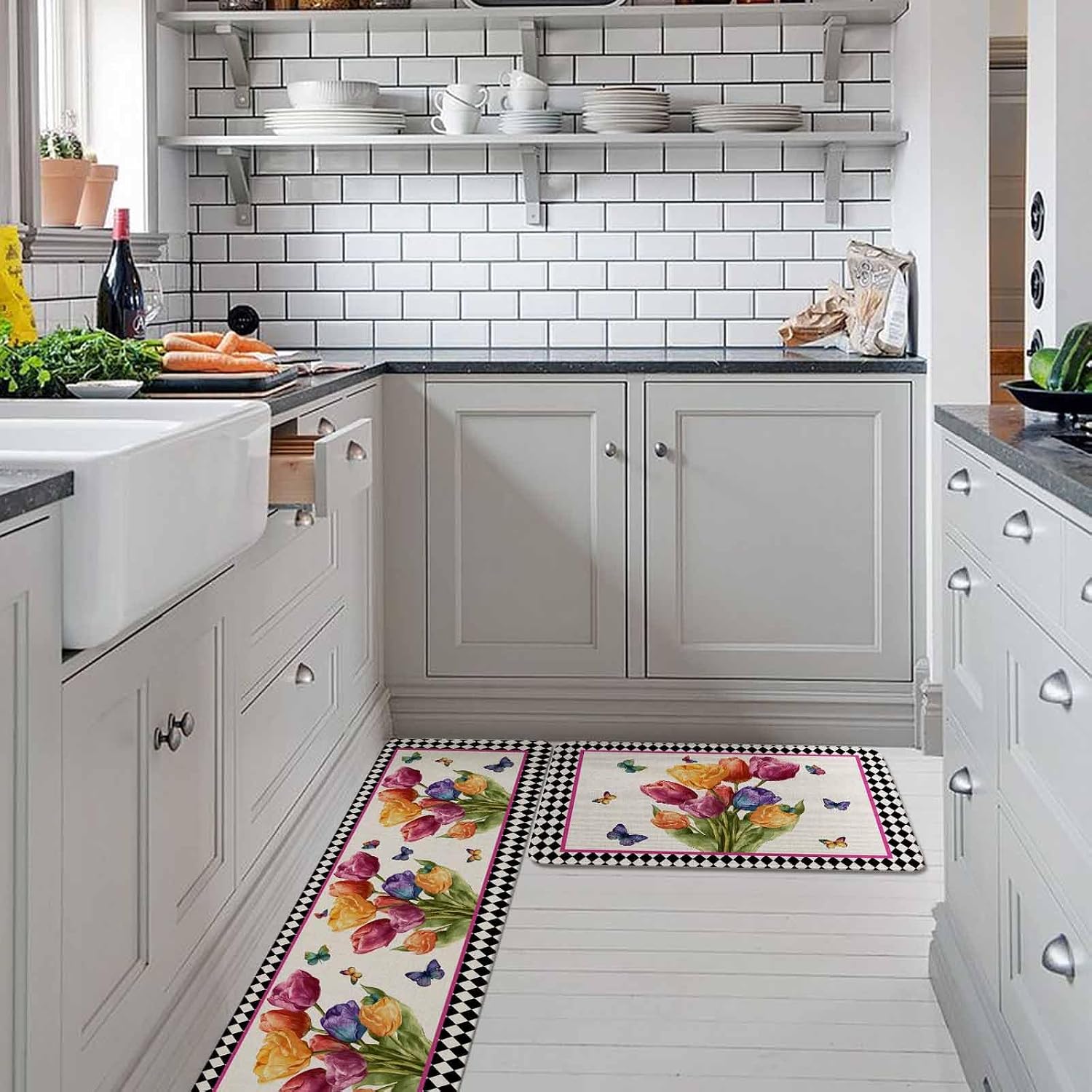 Spring Tulips Kitchen Rugs and Mats Set of 2, Non-Slip Kitchen Sink Mat, Colorful Flowers Botanical Butterfly Vintage Washable Doormat Bathroom Rugs Runner for Bedroom 17.7"x30"+17.7"x47.2"