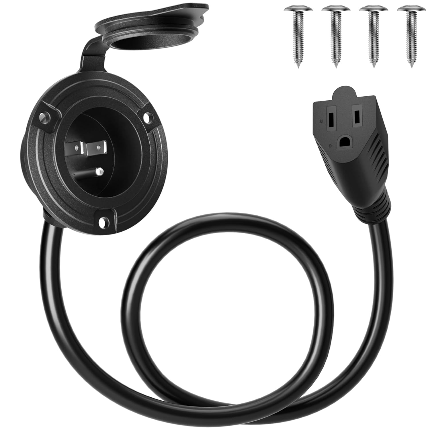Shore Power Inlet Plug 15 Amp 125V AC Port Plug with 18" Integrated Outdoor Extension Cord, RV Electrical Outlet Receptacle Box with Waterproof Cover, Power Inlet Socket for RV Trailer Boat