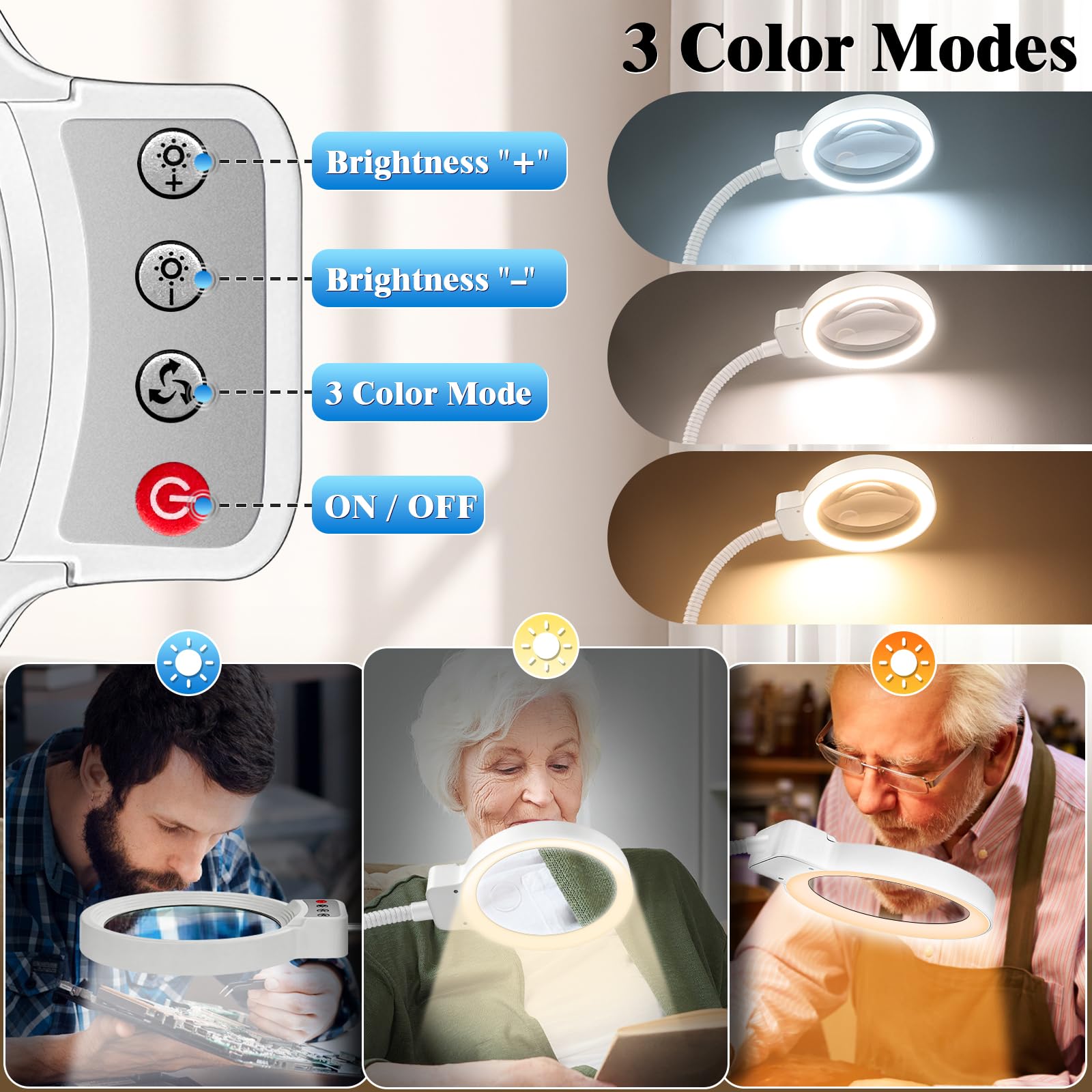 10-fache 30-fache Lupe mit Licht und Ständer, 72 LEDs, 3 Farbmodi, stufenlos, dimmbar, freihändig beleuchtete Lupe, Schreibtischlampe für Naharbeit, Handwerk, Hobby, Malen, Nähen, Schmuck, Lesen (weiß