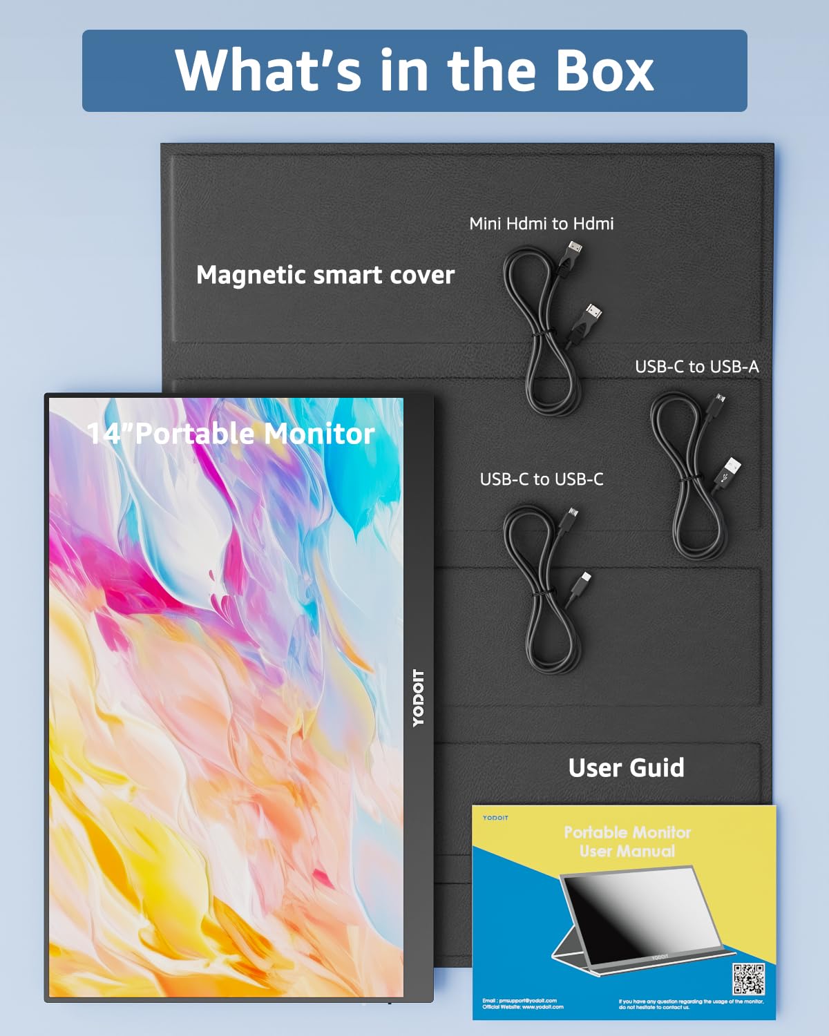 Yodoit Monitor portatile 14 pollici 1920 × 1080 100% sRGB FHD Schermo IPS Display con USB Tipo C Altoparlanti incorporati Cura degli occhi per PC, laptop, MacBook, Xbox, PS 3/4/5, Switch