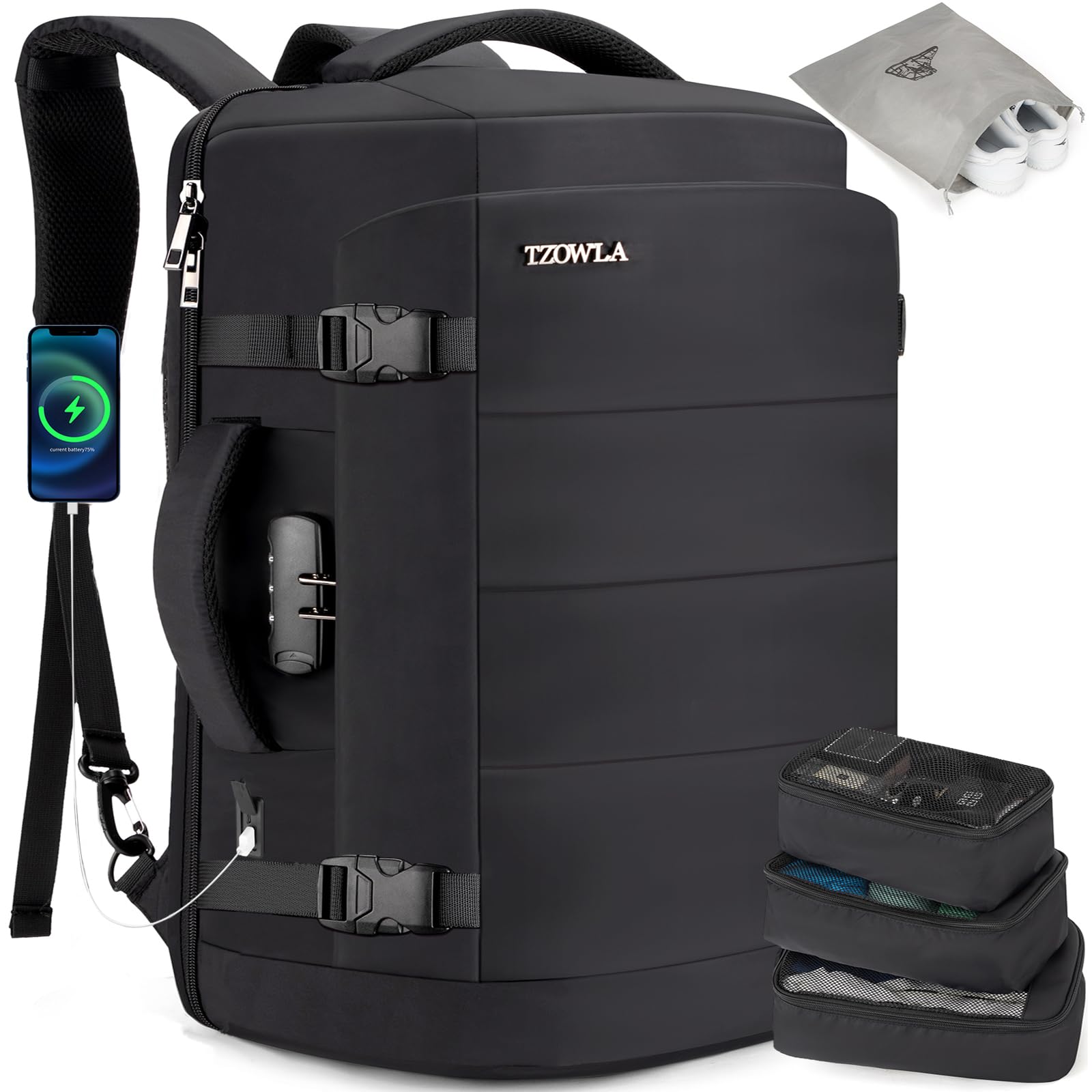 TzowlaTzowla Travel Laptop Backpack Cabin Size 40L Mens Womens,Carry on Large Capacity Anti Theft Backpacks for Travelling with USB Charging Port,Business Causal Daypack Bag Fits 17.3Inch Laptop,Black