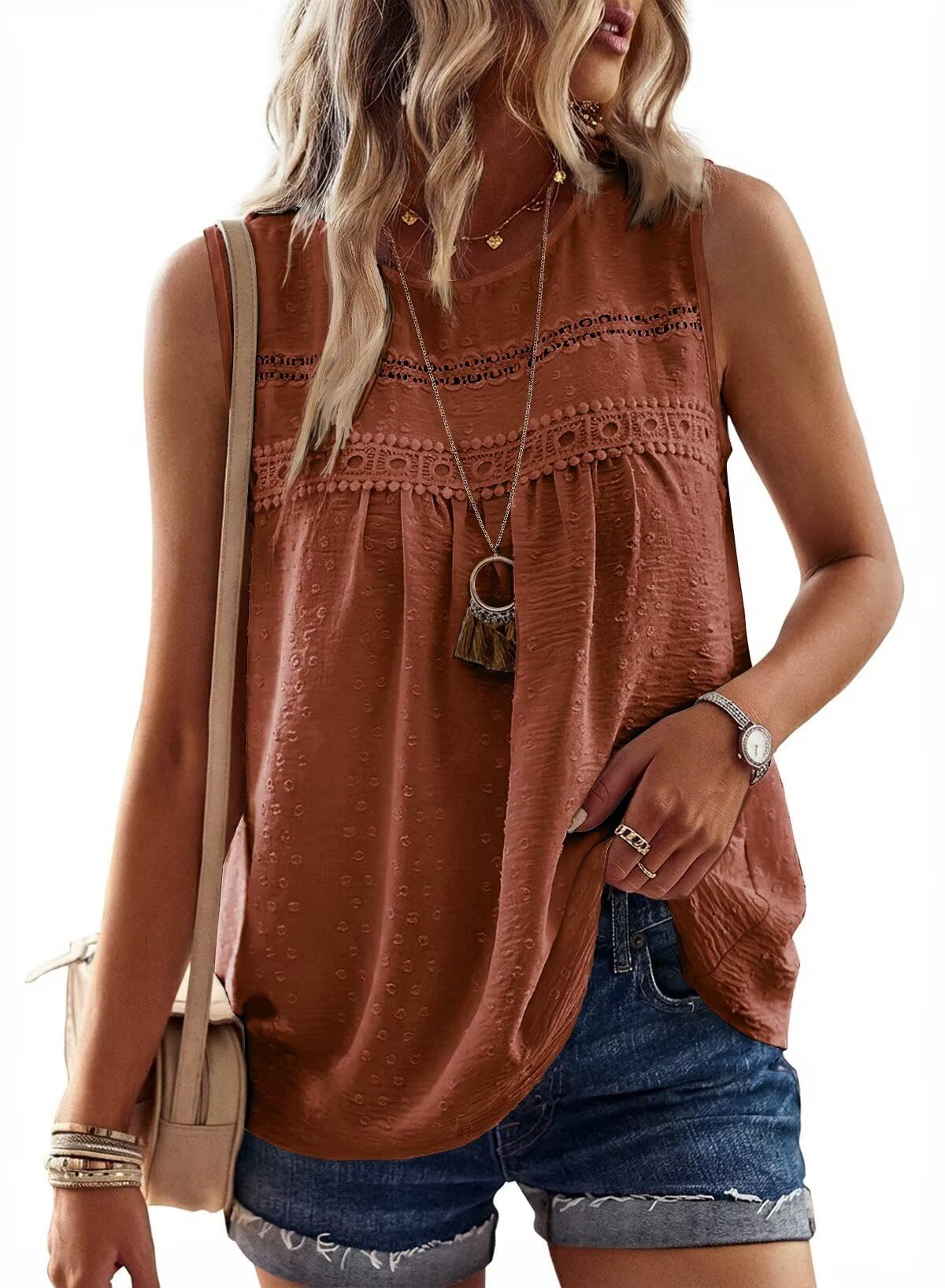 Falechay Tank Tops for Women Flowy Boho Cute Swiss Dots Sleeveless Shirts | Crewneck Loose Fit Summer Blouses, Daily Casual, Hide Belly Fat, Cute Lace Hem Ladies Tunic, Babydoll Crochet Trendy Clothes