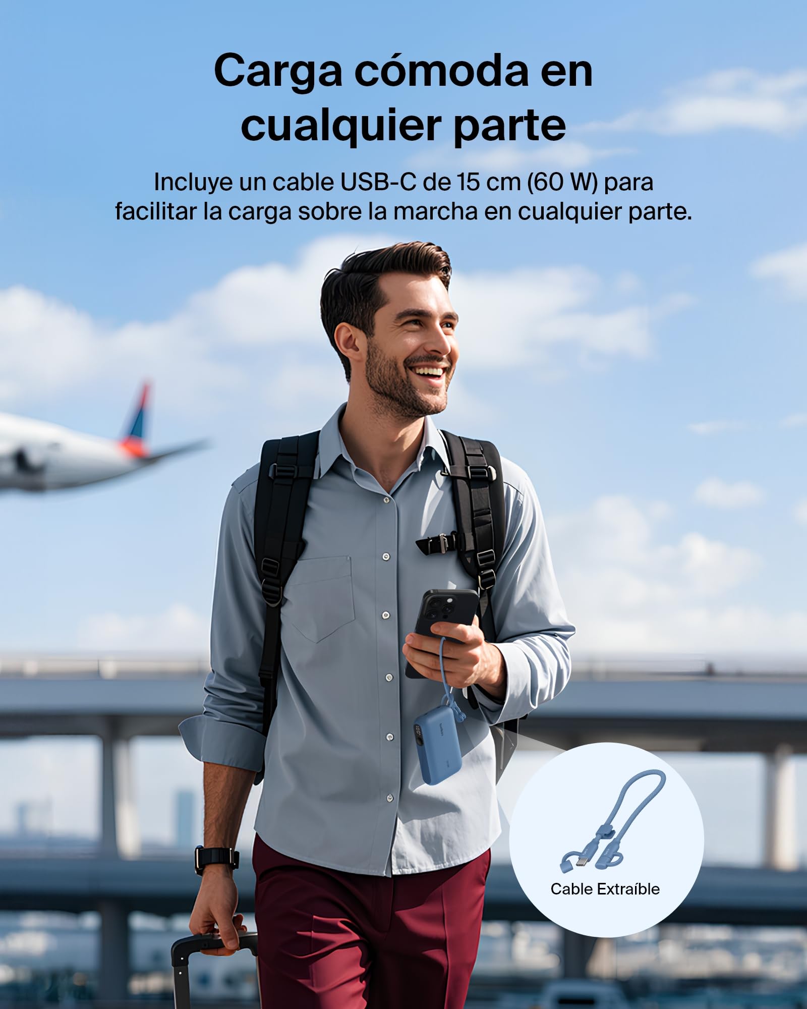 Belkin BoostCharge Batería Externa 10000 mAh con Pantalla Digital - Azul | Power Bank de 10000 mAh, 2 Puertos USB-C, 20 W, Autorizada como Equipaje de Mano, Precargada y Cable USB-C Extraíble