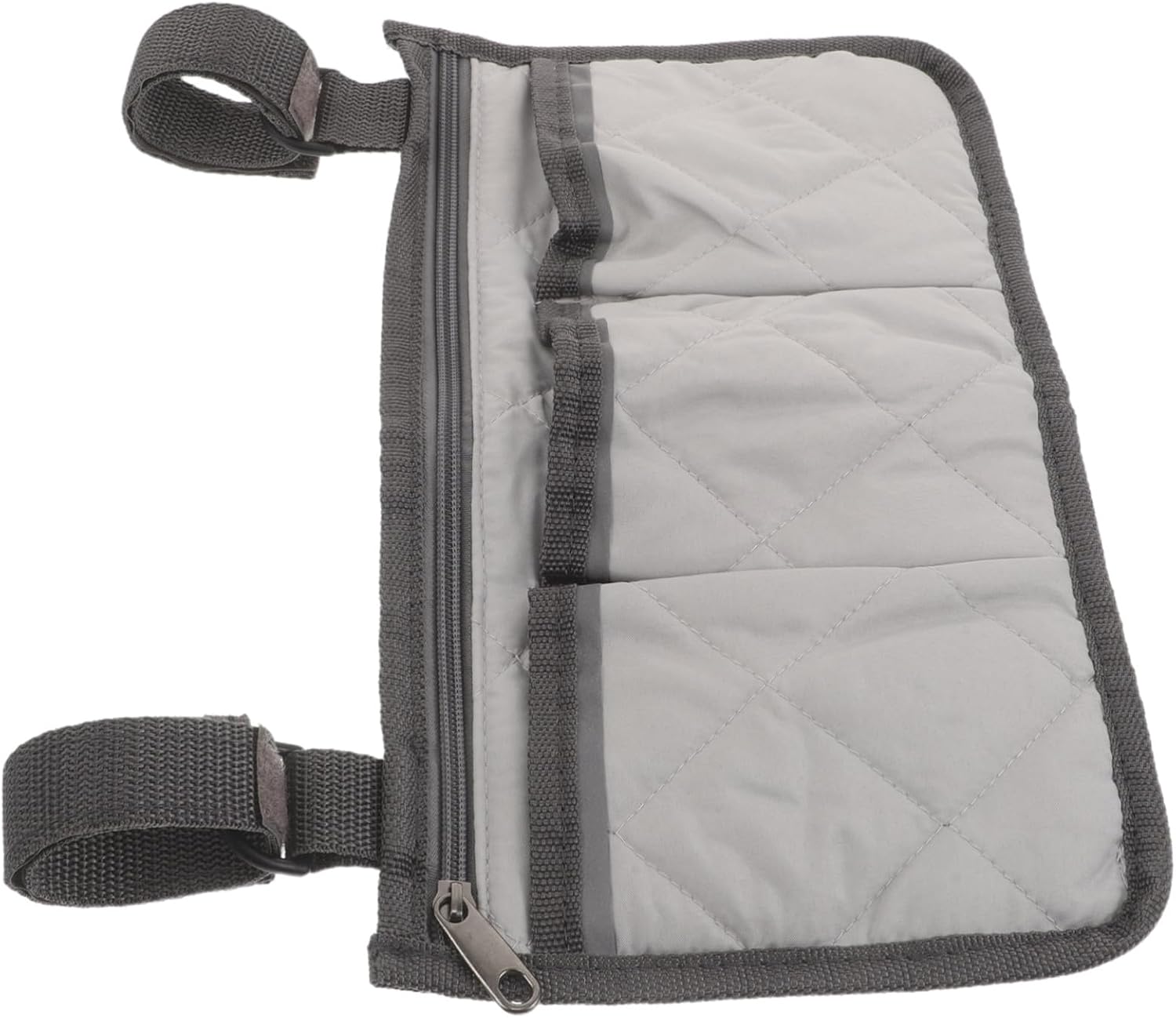 Bed Rail Organizer with 4 Pockets, Universal Bedside Storage Caddy in Gray with Dark Trim, Rail-mounted Hanging Bag for Care Beds and Use