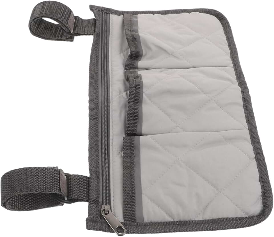Bed Rail Organizer with 4 Pockets, Universal Bedside Storage Caddy in Gray with Dark Trim, Rail-mounted Hanging Bag for Care Beds