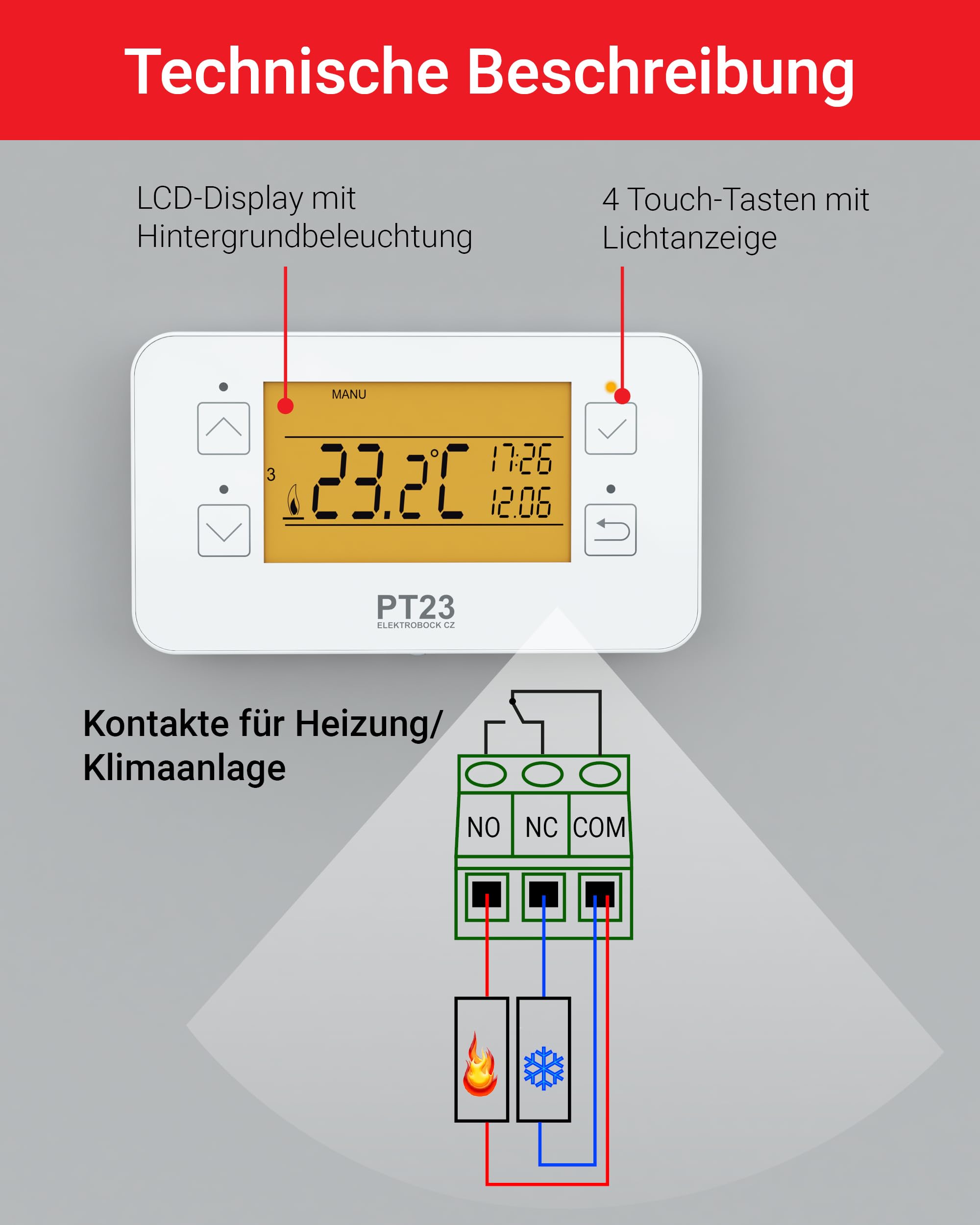 ELEKTROBOCK PT23 - Programmierbares Wandthermostat mit Touch-Tasten - 𝑳𝓐𝑵𝐆𝑳𝜠𝓑𝑰𝐆 - Großes beleuchtetes LCD Display - Wochenprogramm - Batteriebetrieben - Für alle Kesselarten geeignet