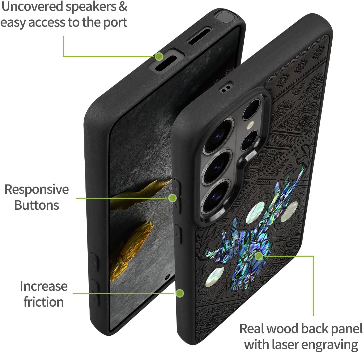 Carveit Magnetic Wooden Case for Samsung Galaxy S26 Ultra Case, Wood Artisan Engraved & Handmade Shell Inlaid, Compatible with MagSafe Wireless Chargers (Aztec Geometric Deer) Blackwood
