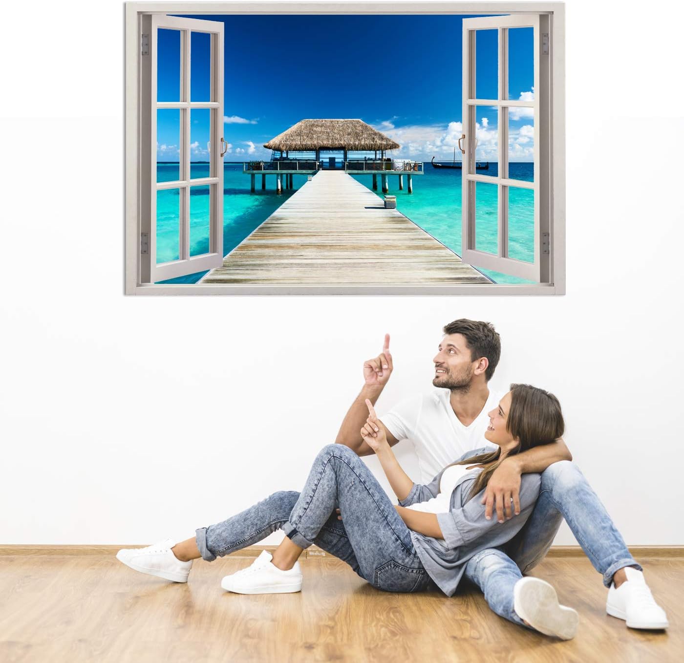 Realistic Window Wall Decal – Peel and Stick Nautical Decor for Living Room, Bedroom, Office, Playroom – Dcck Wall Murals Removable Window Frame Style Ocean Wall Art – Vinyl Poster Wall Stickers