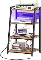 HOOBRO 4-Tier AV Media Stand with Charging Station & LED Lights, Rustic Brown/Black Stereo Cabinet, Game Console Rack BF106UDCJ01