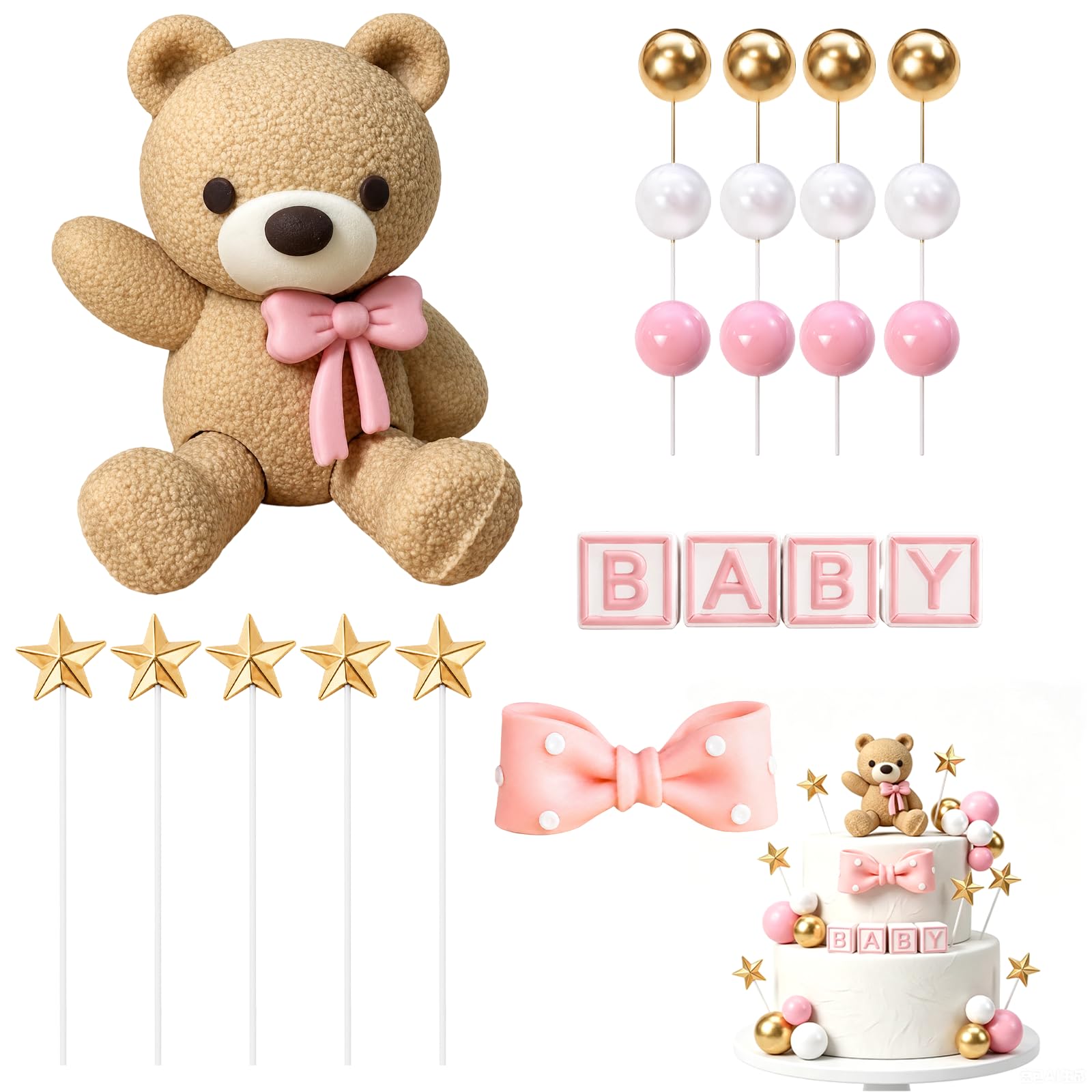 Teddy Bear Cake Toppers, 23-Piece Cake Decorating Kit with Soft Cocoa Bears, Pink Bows, and Assorted Balls, Cake Accessories for Various Occasions, Sweet Treat Enhancement Set