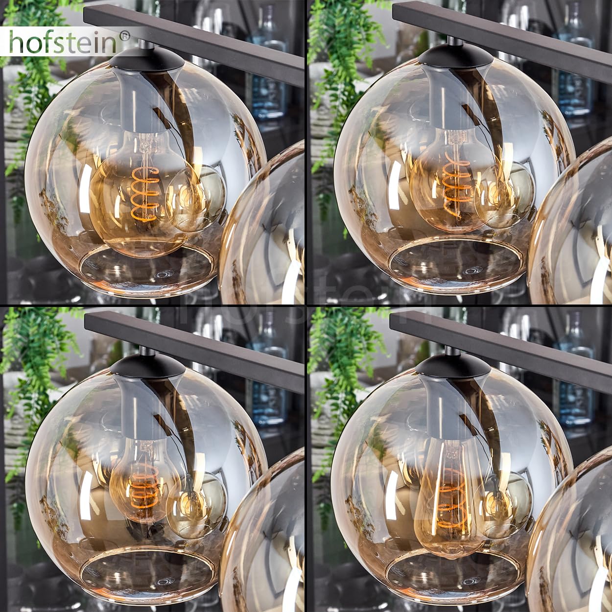 Pendelleuchte Koyoto, Hängelampe aus Metall/Glas in Schwarz/Bernsteinfarben, Hängeleuchte im Retro/Vintage-Design mit Glasschirmen (Ø 20 cm), 5-flammig, Höhe max. 116,5 cm, 5 x E27, ohne Leuchtmittel