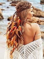 Vista 3 de GORTIN Diadema de plumas bohemias, disfraz gitano, tocado negro, bohemio, hippie, diadema india, banda para el cabello, ajustable, accesorio