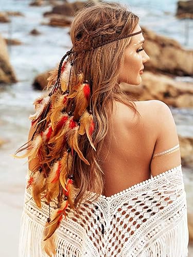 Miniatura 3 de GORTIN Diadema de plumas bohemias, disfraz gitano, tocado negro, bohemio, hippie, diadema india, banda para el cabello, ajustable, accesorio para el