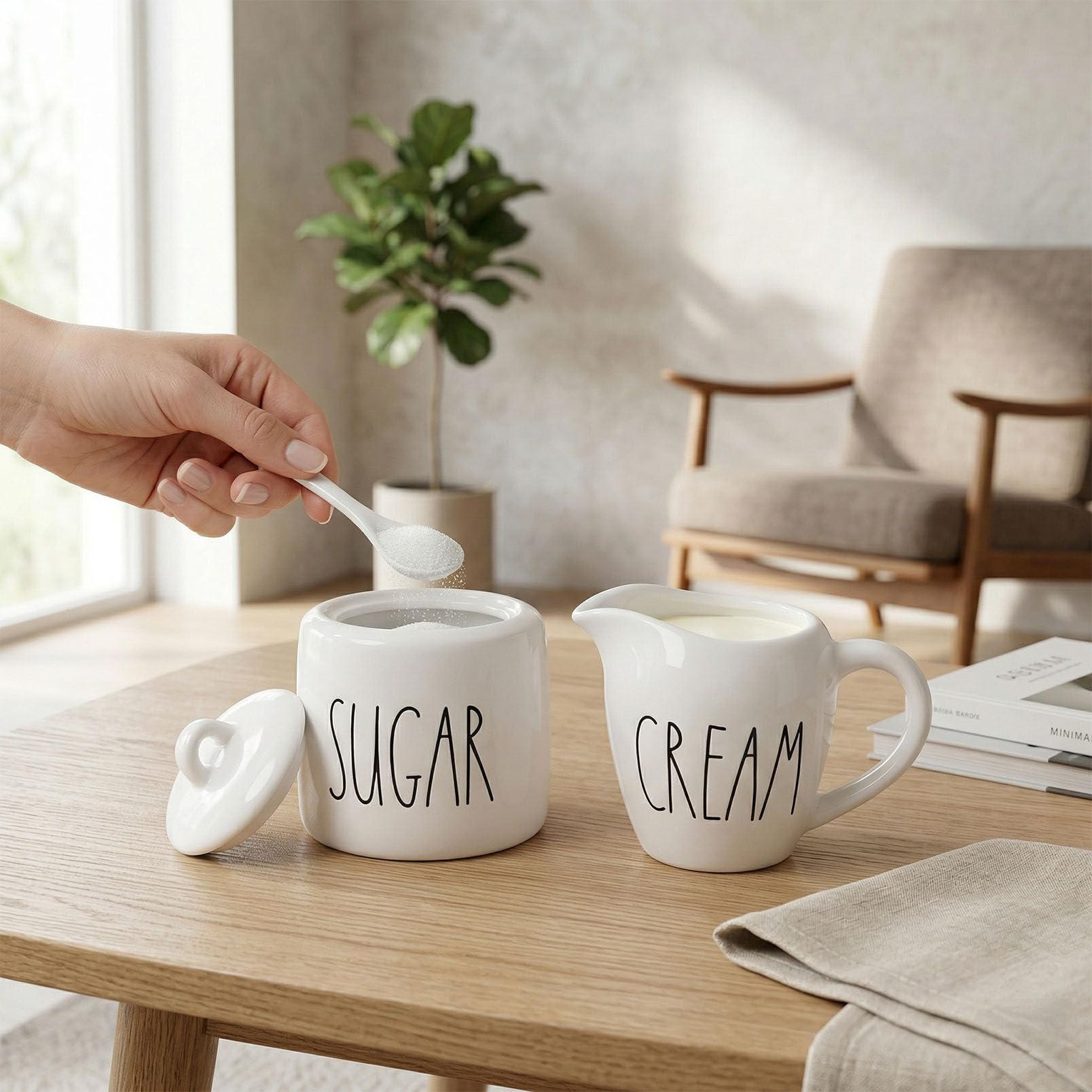 Juego de azúcar y crema, recipiente de crema y soporte de azúcar para barra de café, azucarero de granja con tapa y cuchara, dispensador de azúcar de cerámica y jarra de crema para encimera (blanco)