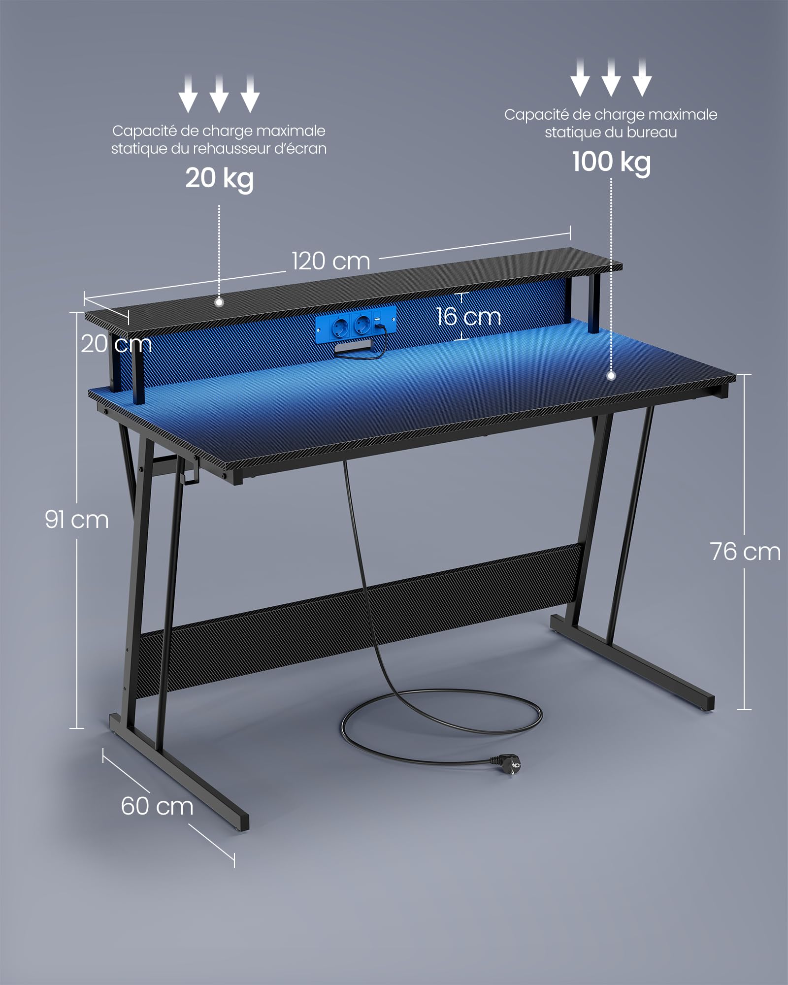 VASAGLE Bureau Gaming avec LED et Multiprise, Table Gamer, Bureau Informatique avec Rehausseur d’Écran, pour 2 Ordinateurs, pour Chambre, 60 x 120 x 76 cm, Noir Carbone LWD192B02