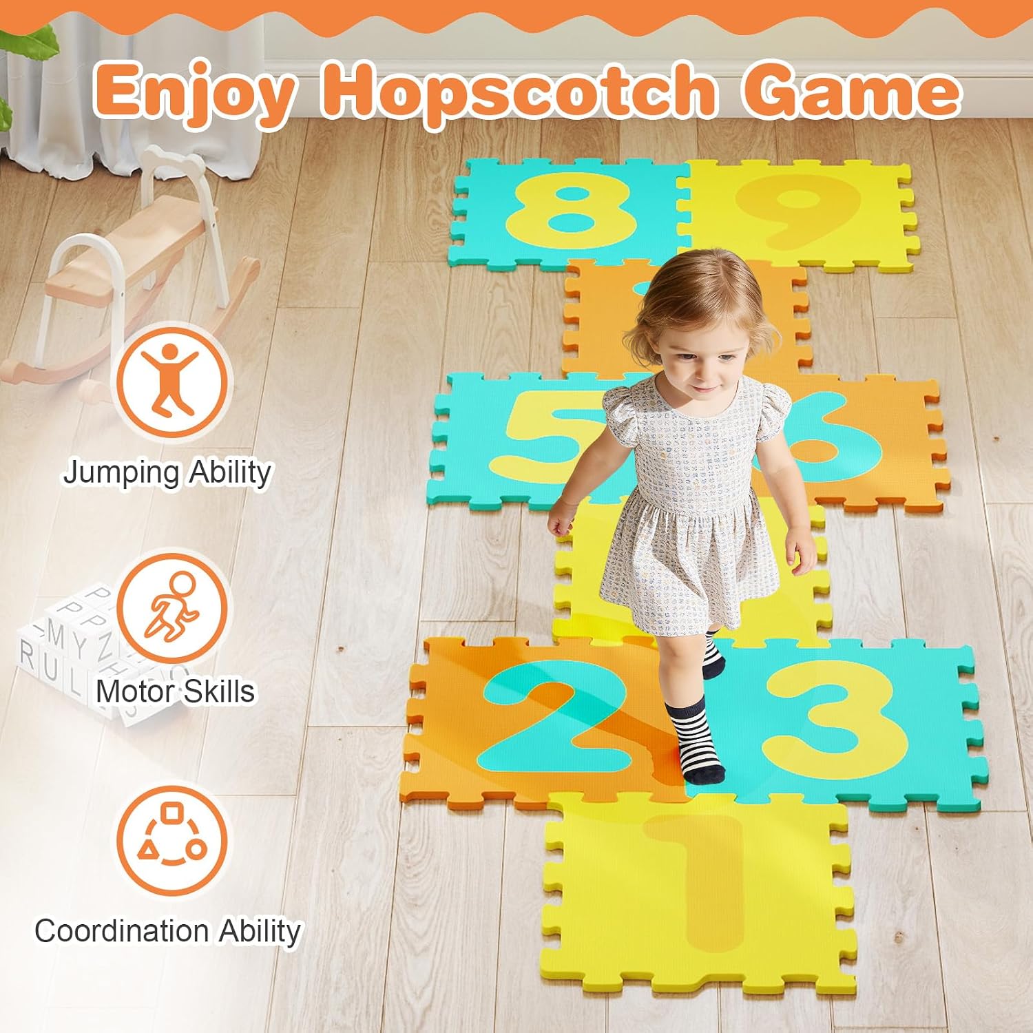 HONEY JOY Hopscotch Foam Mat for Kids, 12.5” x 12.5” EVA 9-Piece Interlocking Baby Soft Puzzle Play Mat w/Numbers, Non-Slip Large Floor Tile Carpet Rug, Easy to Assemble & Clean, for Playroom (Yellow)