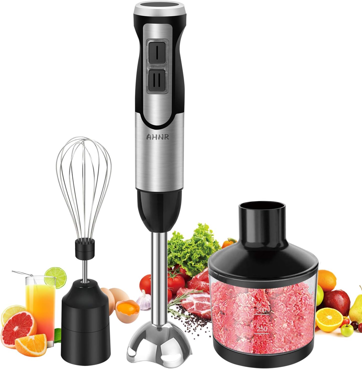 Immersion Hand Blender, AHNR 800W 3-IN-1 Immersion Blender 8-Speed, Includes 304 Stainless Steel Stick Blender, 500ml Food Processor, and Whisk Attachment, Multi-purpose Stick Blender for Baby Food, Juices, Sauces