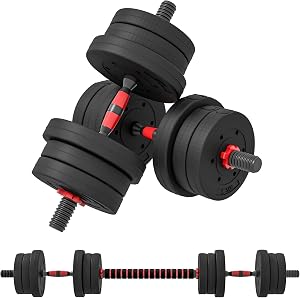Ensemble d'haltères réglables 2-en-1 Soozier, haltères et barre pour la remise en forme, entraînement de levage pour la maison, le bureau, la salle de sport, Noir et Rouge