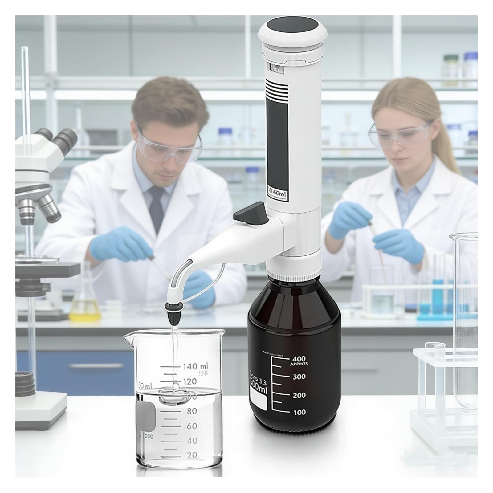Dispensador de botellas de laboratorio: capacidad de 0,5 a 60 ml, válvula doble, ajuste de engranaje, 5 adaptadores de rosca, pantalla de escala for investigación(10-60ml)