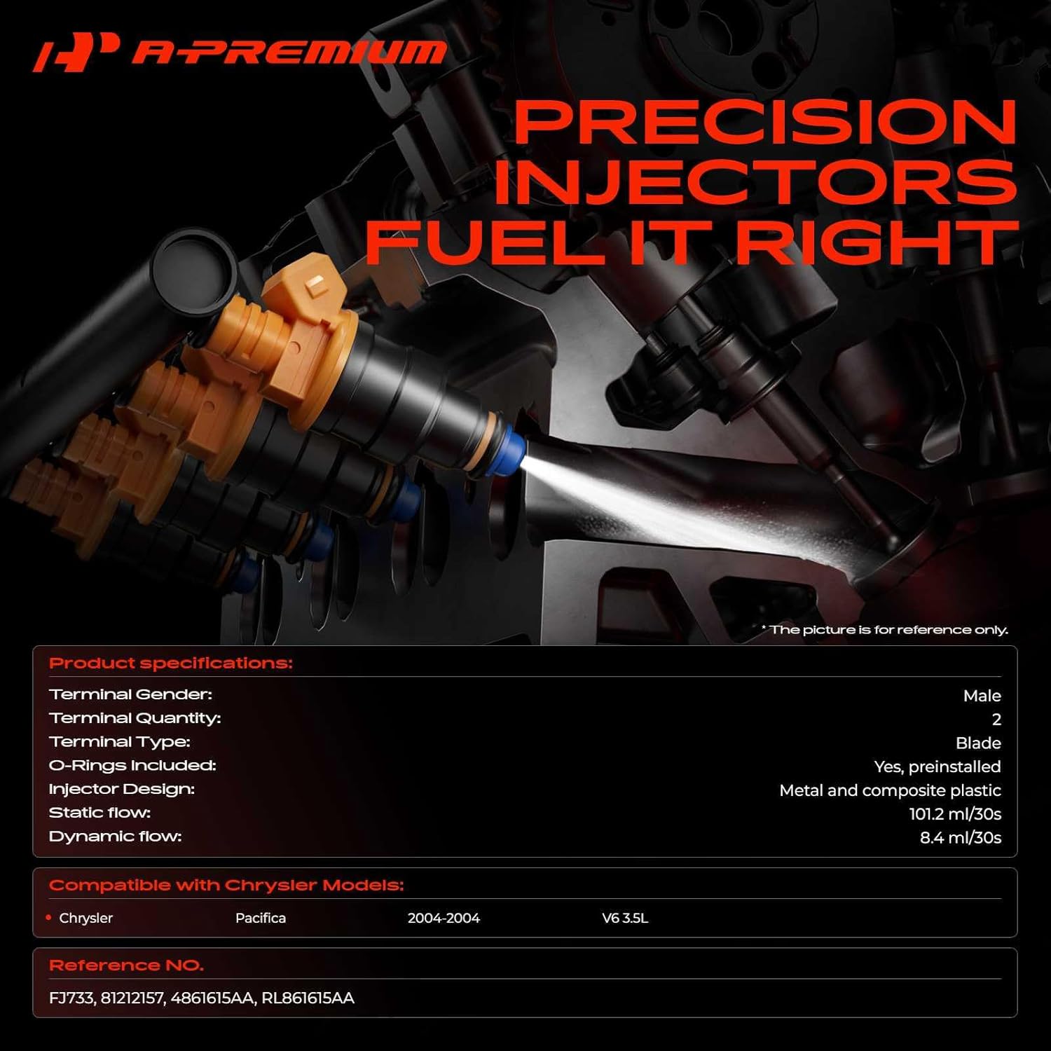 A-Premium 4 Holes Set of 6 Fuel Injectors Compatible with Chrysler Pacifica 2004 3.5L, Replace# RL861615AA, 4861615AA