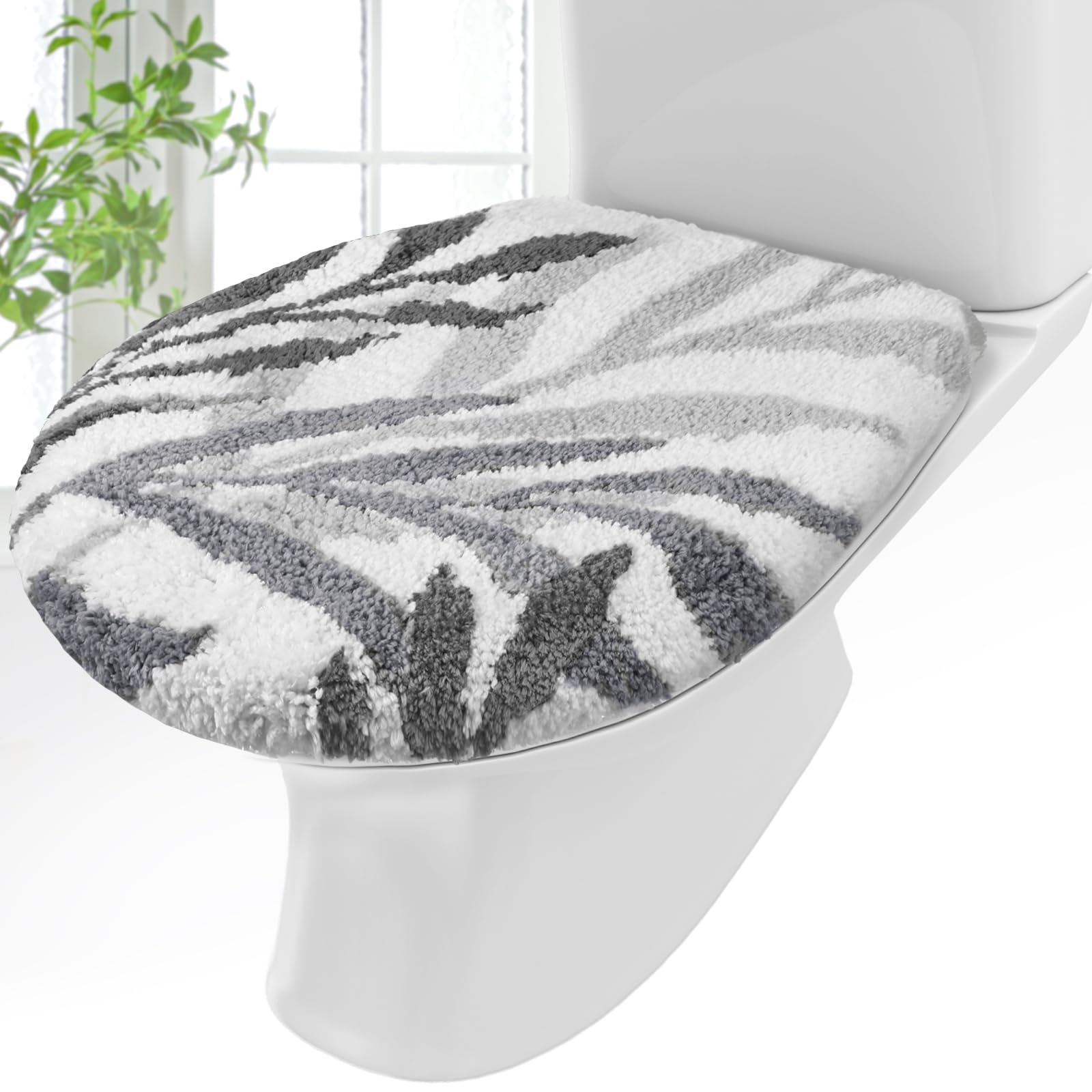 Mindsoft Grey Leaves Bathroom Toilet Lid Cover Soft Microfiber 17.5'' x 15'' Plush Tufted Toilet Seat Machine Washable Adjustable Rubber Backing Cover Fits Most Round Elongated Oblong Lids