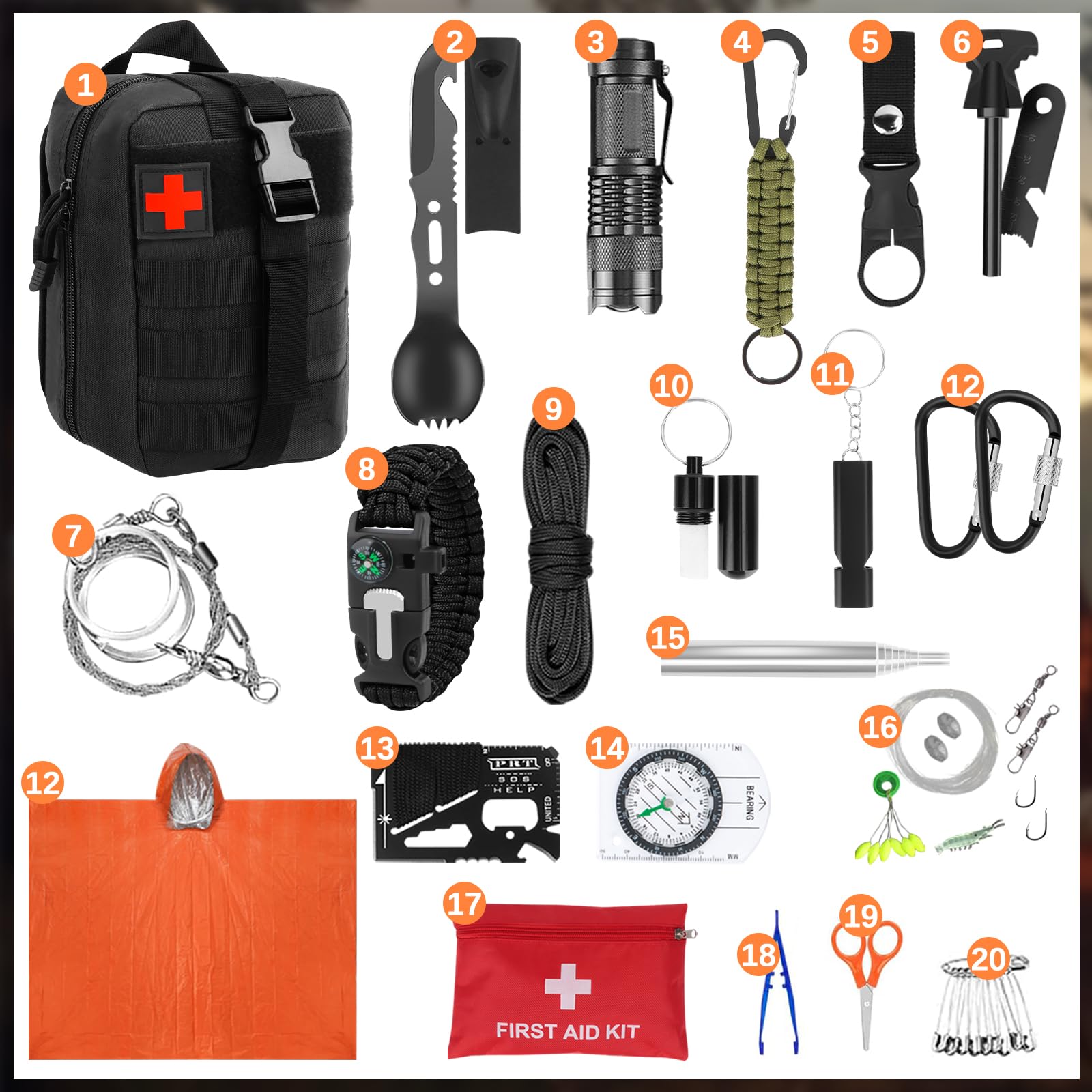 69 Piezas Kit de Supervivencia de Emergencia 30 IN 1, Linterna Táctica, Brújula, Acero de Fuego, Herramientas Multifunción y Poncho de Lluvia, Equipo de Emergencia para Camping, Senderismo