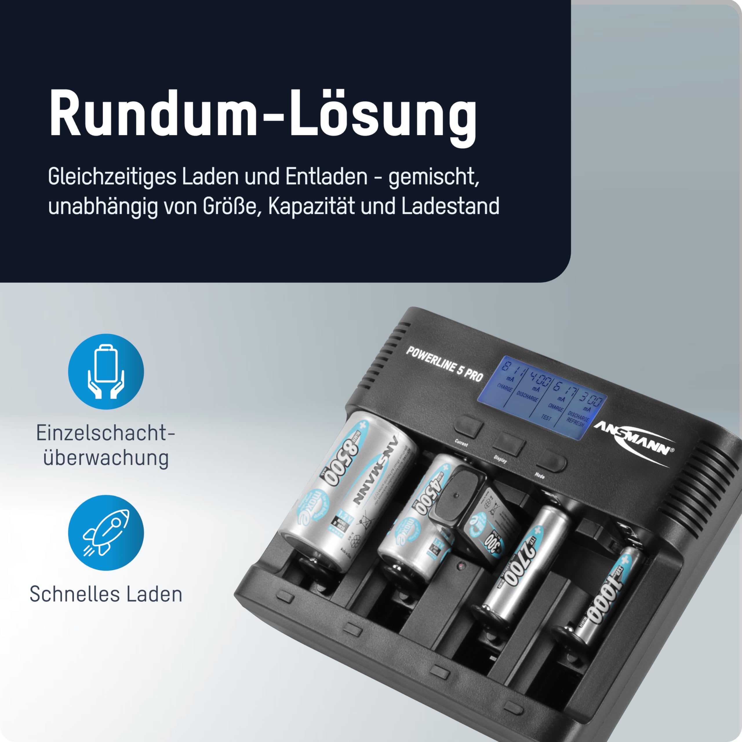 Ansmann Ladegerät für NiMH Akkus AA AAA C D & 9V Block - LCD Akkuladegerät | Auffrischfunktion, 12V Kfz-Adapter & Einzelschachtsteuerung Micro & Mignon
