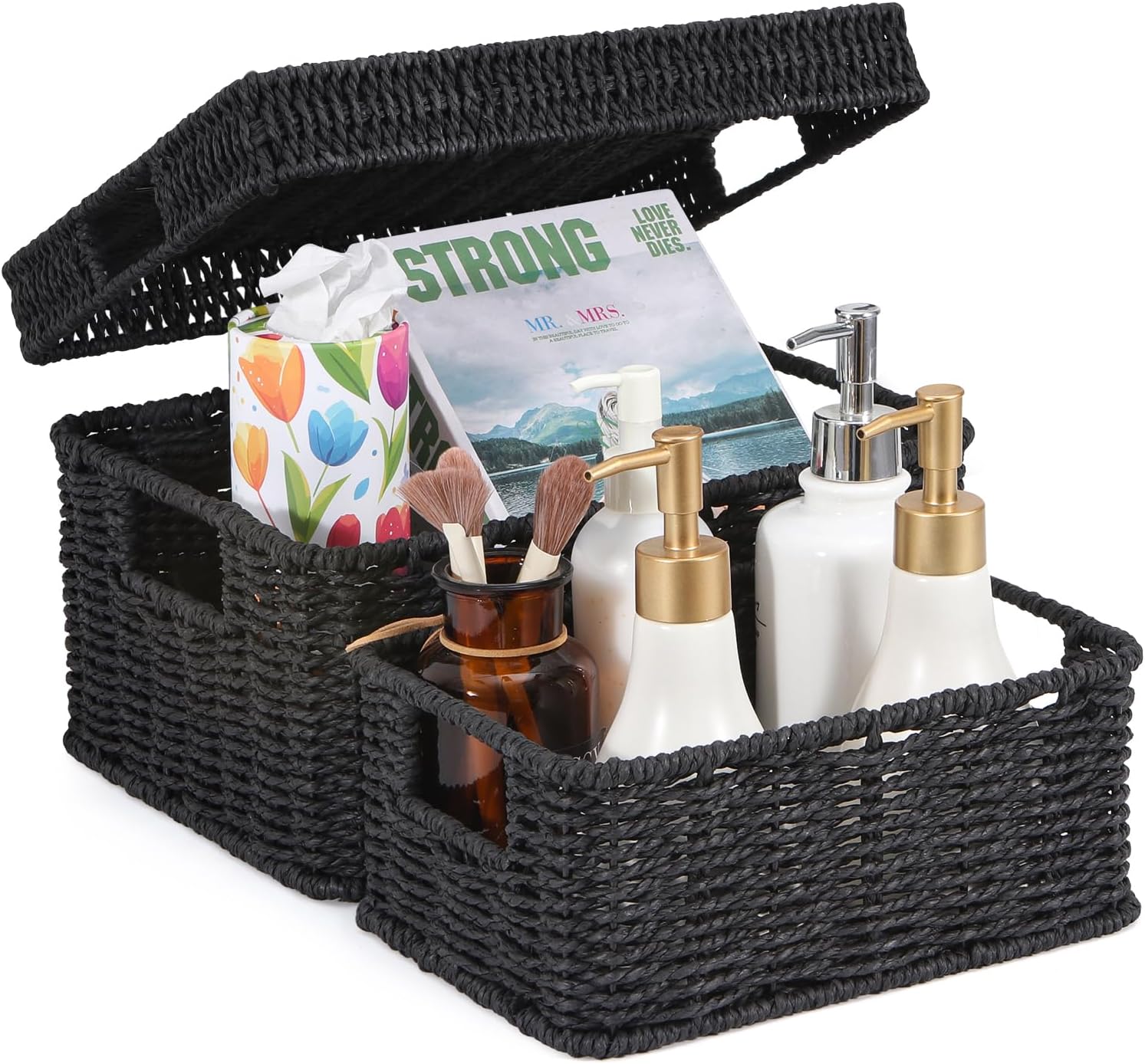Wicker Storage Basket with Lid - Woven Basket for Storage,Rectangular Decorative Boxes Bins with Lids for Shelves,living room, Nursery, 2 baskets+1 lid(Black)