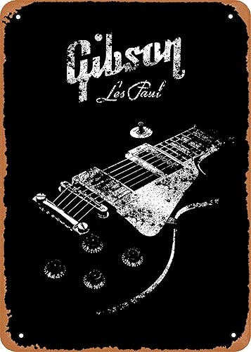 BUDELIAO Póster de placa de metal con texto en inglés "Guitars Music Gibson Les Paul", 8 x 12 pulgadas, decoración de pared retro vintage, 8 x 12