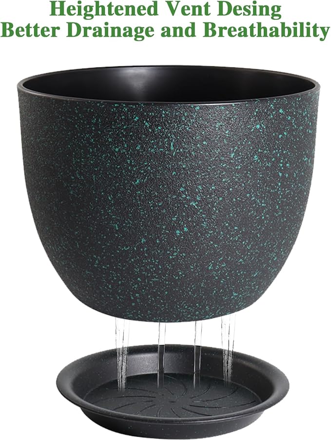 The 12/10/9 Large Modern Plant Pots are a set of three stylish plastic planters designed for both indoor and outdoor use. The pots are black with green speckles, adding a modern and chic touch to any space. Each pot comes with a drainage hole at the bottom to prevent overwatering and promote healthy root growth.