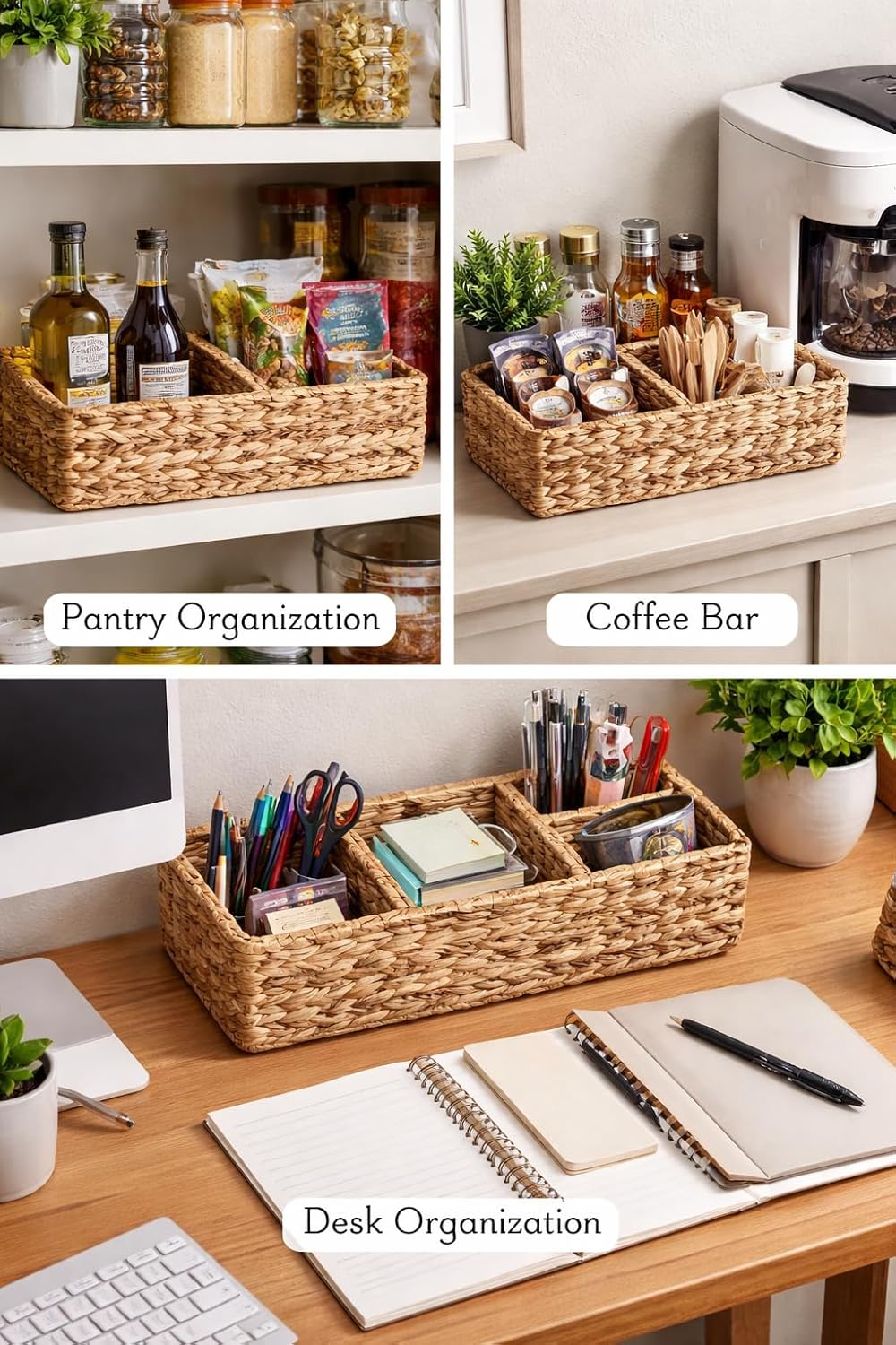 THUANTHUONG Wicker Storage Baskets For Shelves, Seagrass Woven Baskets For Pantry Organizing, Small Bathroom Storage Bins, Hand Woven Toilet Tank Topper Organizer Set of 2 (Natural Water hyacinth)