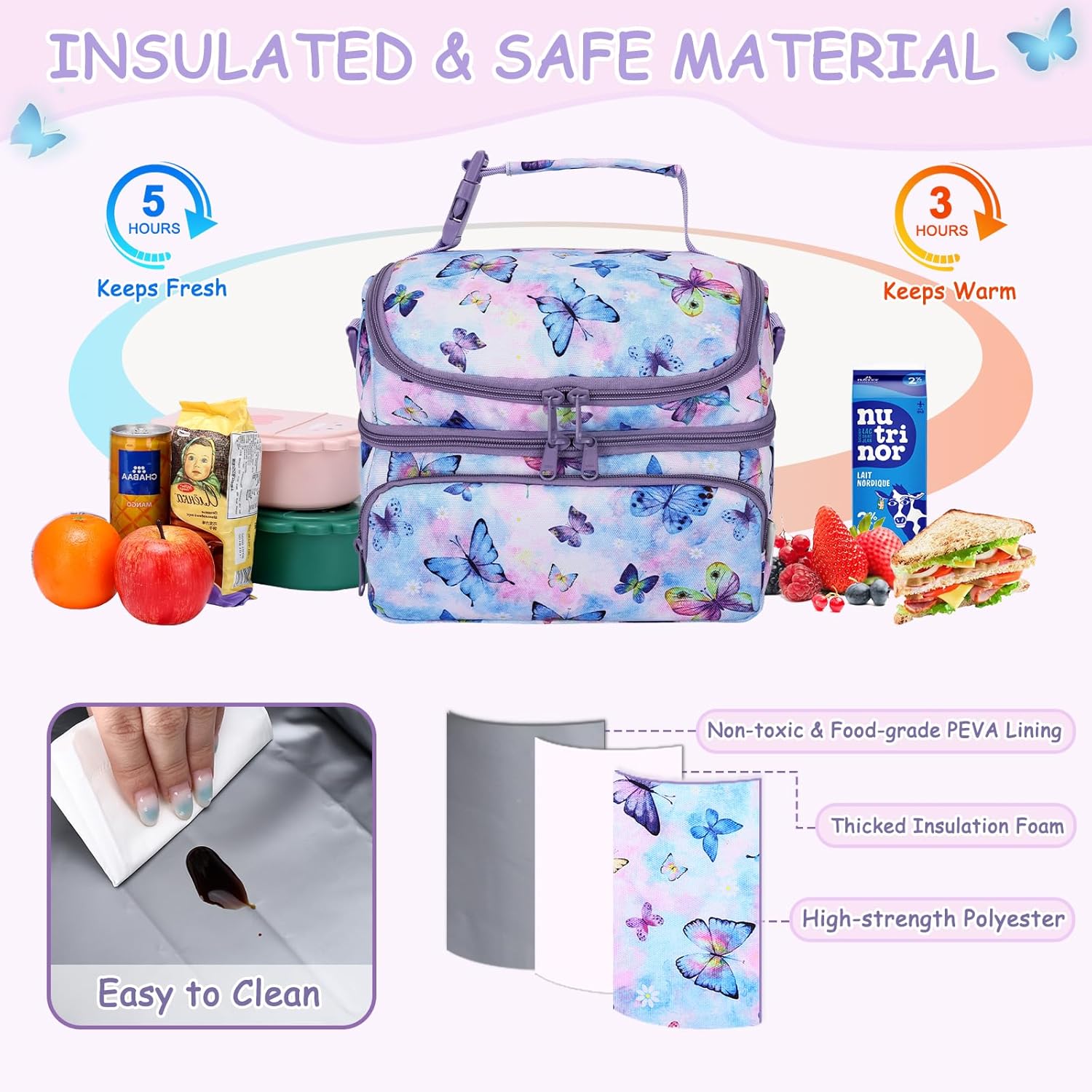 Kasqo Lunch Bag Kids, Dual Compartment Insulated Cooler Bag 7.5L Girls Boys Toddler Lunch Box Containers for Daycare School Kindergarten Travel Ombre Butterfly - Image 4