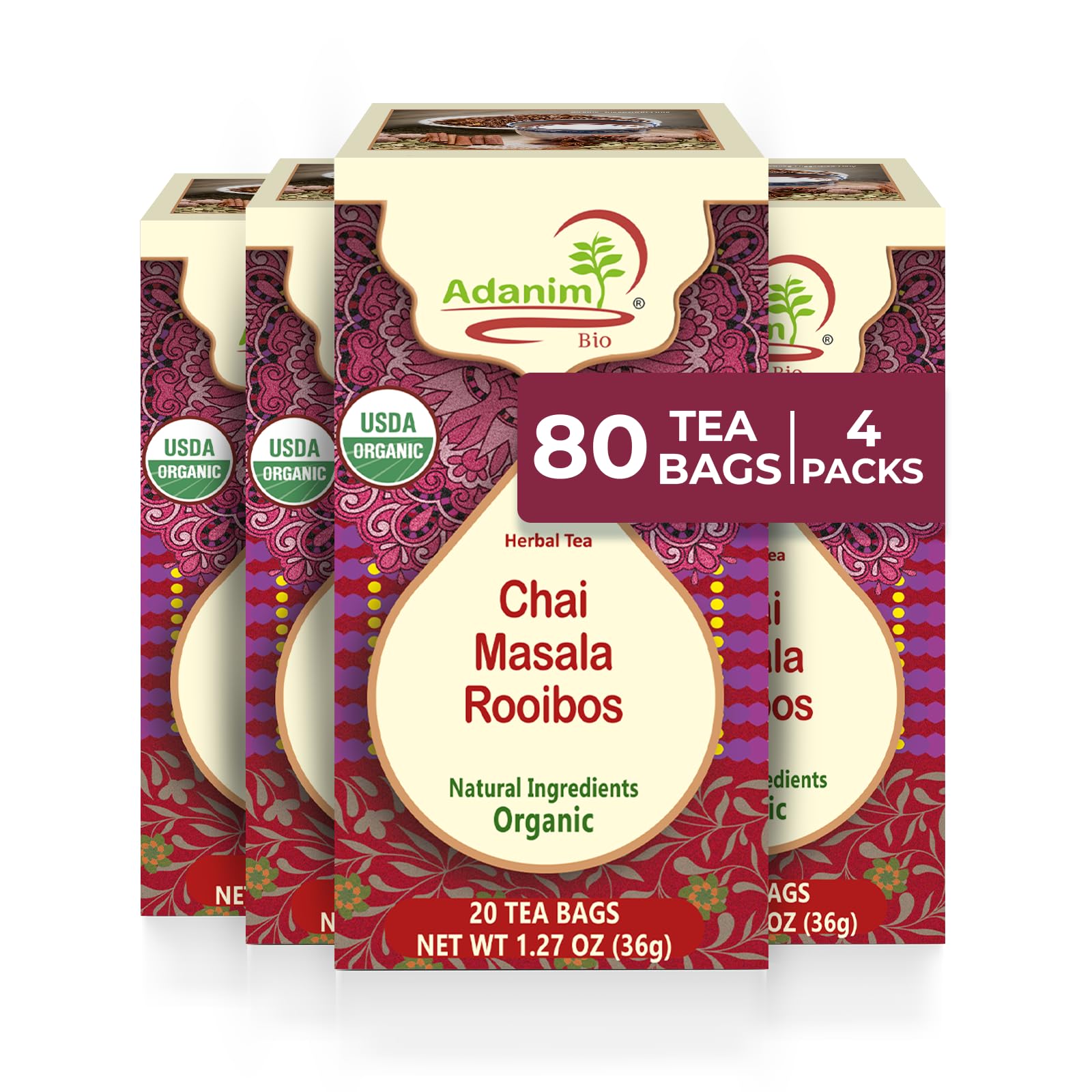 Adanim Bio Chai Masala Rooibos Herbal Tea (80 Count, Chai Masala Rooibos)