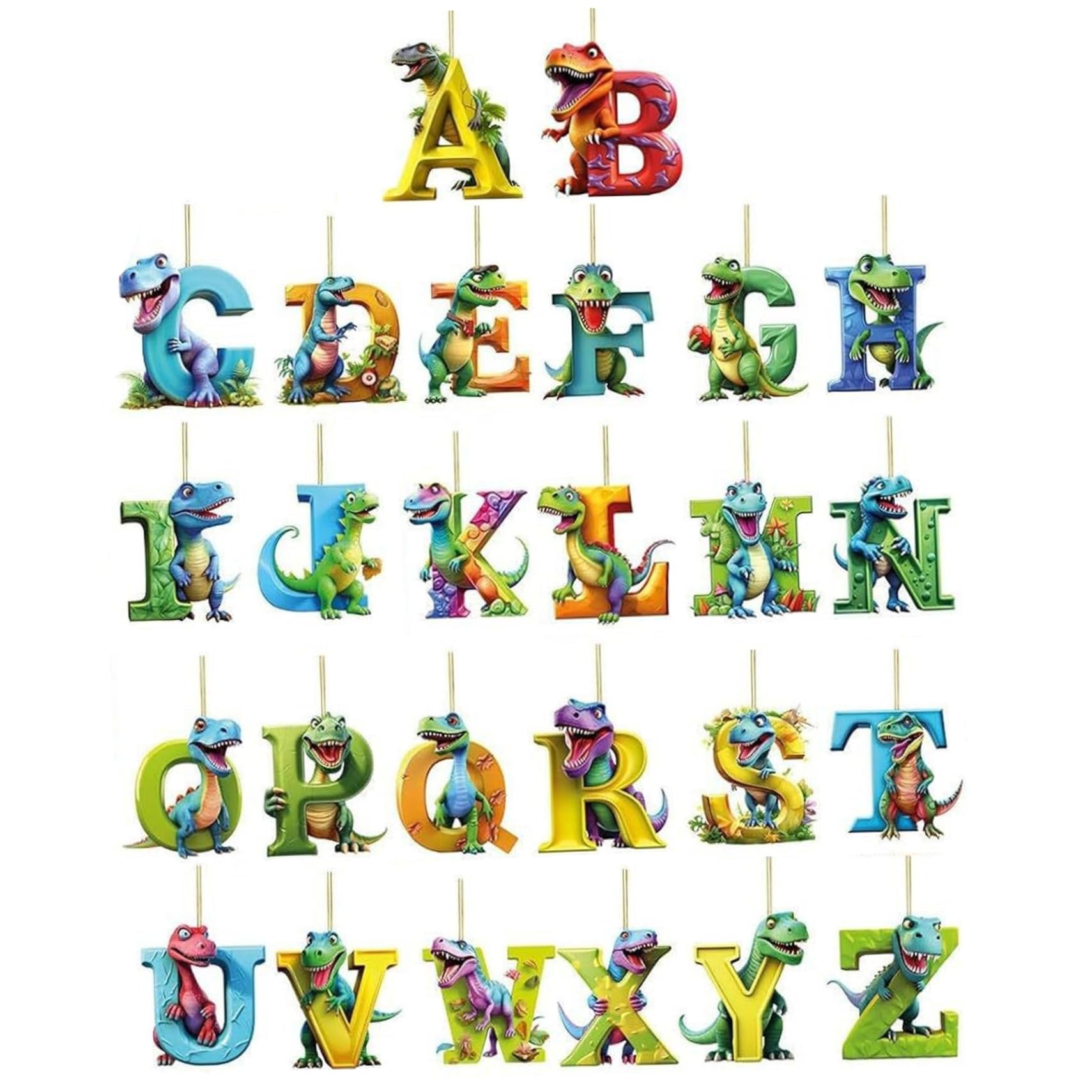 Dinosaur Christmas Ornaments, 26 Letter Dinosaur Christmas Tree Ornaments Cartoon Pendant, Acrylic 2d Dinosaur Xmas Tree Decorations Car Hanging Christmas Tree Topper Ornament for Christmas Decor
