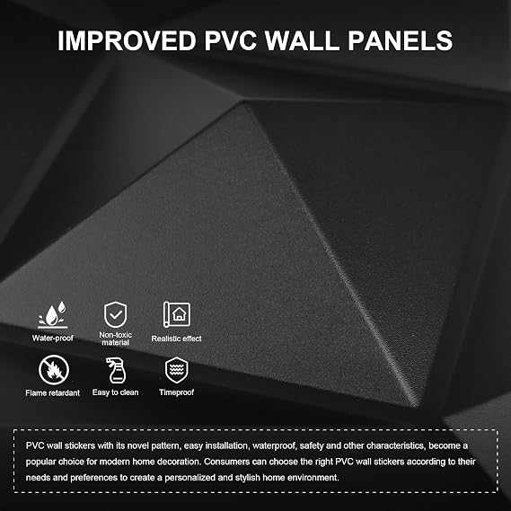 Black PVC 3D Wall Panels, 33 Pack 11.8''x11.8''Geometric Design for Modern Home Decor Upgrade, Textured Tile Decorative & Paintable for Living Room Lobby Bedroom Hotel Office