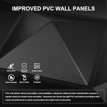 Black PVC 3D Wall Panels, 33 Pack 11.8''x11.8''Geometric Design for Modern Home Decor Upgrade, Textured Tile Decorative & Paintable for Living Room Lobby Bedroom Hotel Office