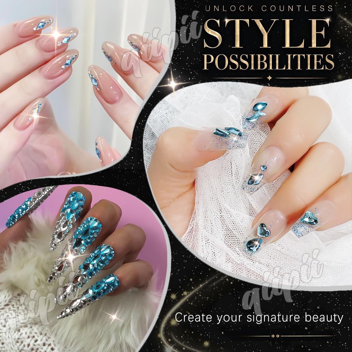 qiipii Light Blue Nail Art Rhinestones Multi Shapes Flatback Gems Diamonds image 5